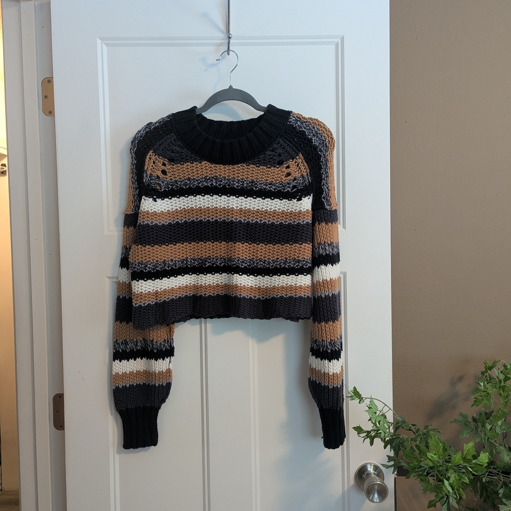 Free People Striped Crew Neck Sweater in Black, Tan & White
